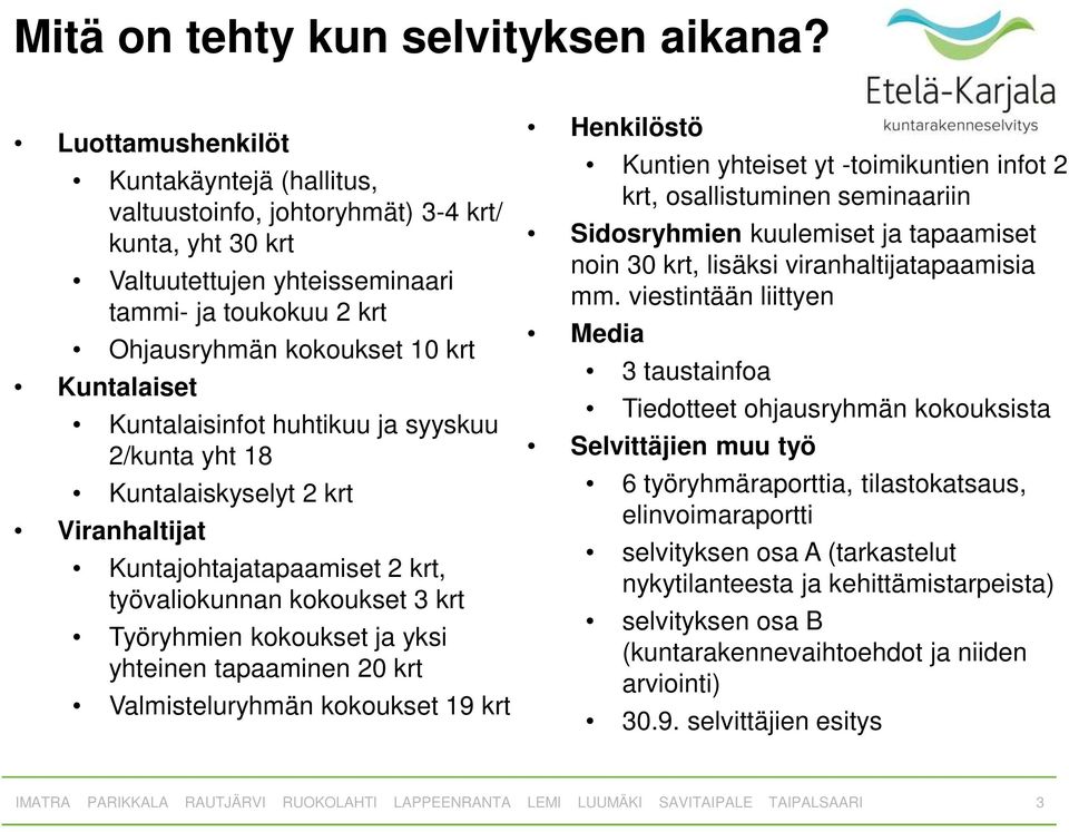 Kuntalaisinfot huhtikuu ja syyskuu 2/kunta yht 18 Kuntalaiskyselyt 2 krt Viranhaltijat Kuntajohtajatapaamiset 2 krt, työvaliokunnan kokoukset 3 krt Työryhmien kokoukset ja yksi yhteinen tapaaminen 20
