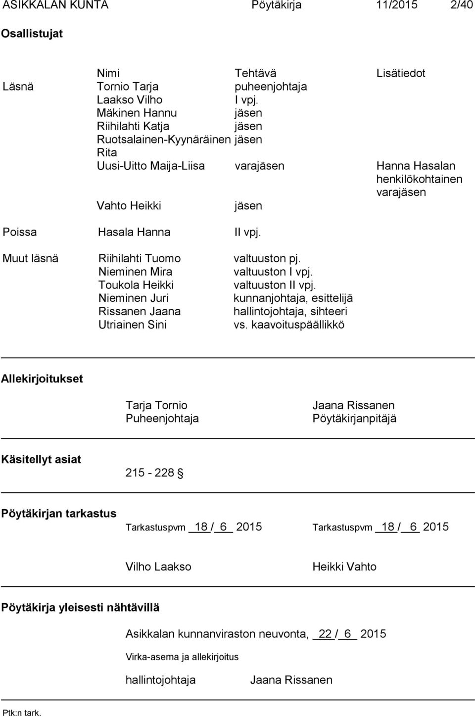 Muut läsnä Riihilahti Tuomo valtuuston pj. Nieminen Mira valtuuston I vpj. Toukola Heikki valtuuston II vpj.