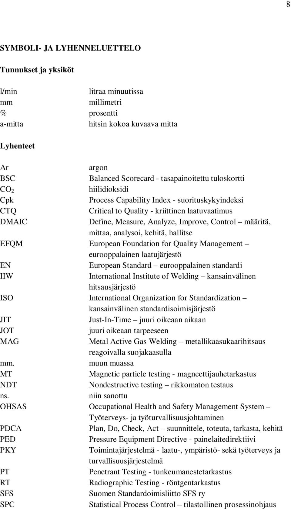 analysoi, kehitä, hallitse EFQM European Foundation for Quality Management eurooppalainen laatujärjestö EN European Standard eurooppalainen standardi IIW International Institute of Welding