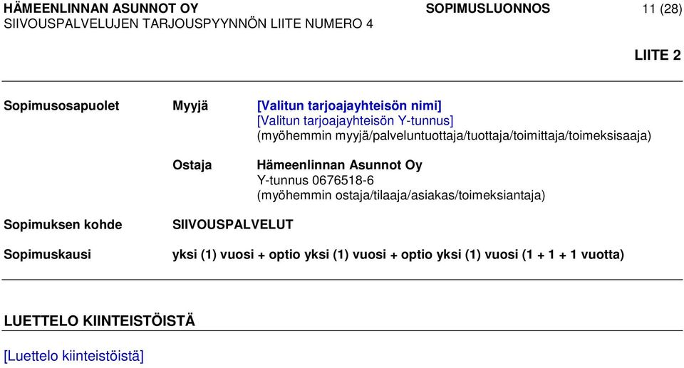 0676518-6 (myöhemmin ostaja/tilaaja/asiakas/toimeksiantaja) Sopimuksen kohde Sopimuskausi SIIVOUSPALVELUT yksi