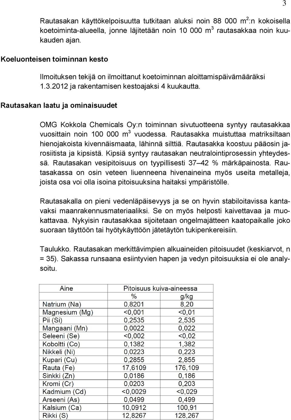 Rautasakan laatu ja ominaisuudet OMG Kokkola Chemicals Oy:n toiminnan sivutuotteena syntyy rautasakkaa vuosittain noin 100 000 m 3 vuodessa.