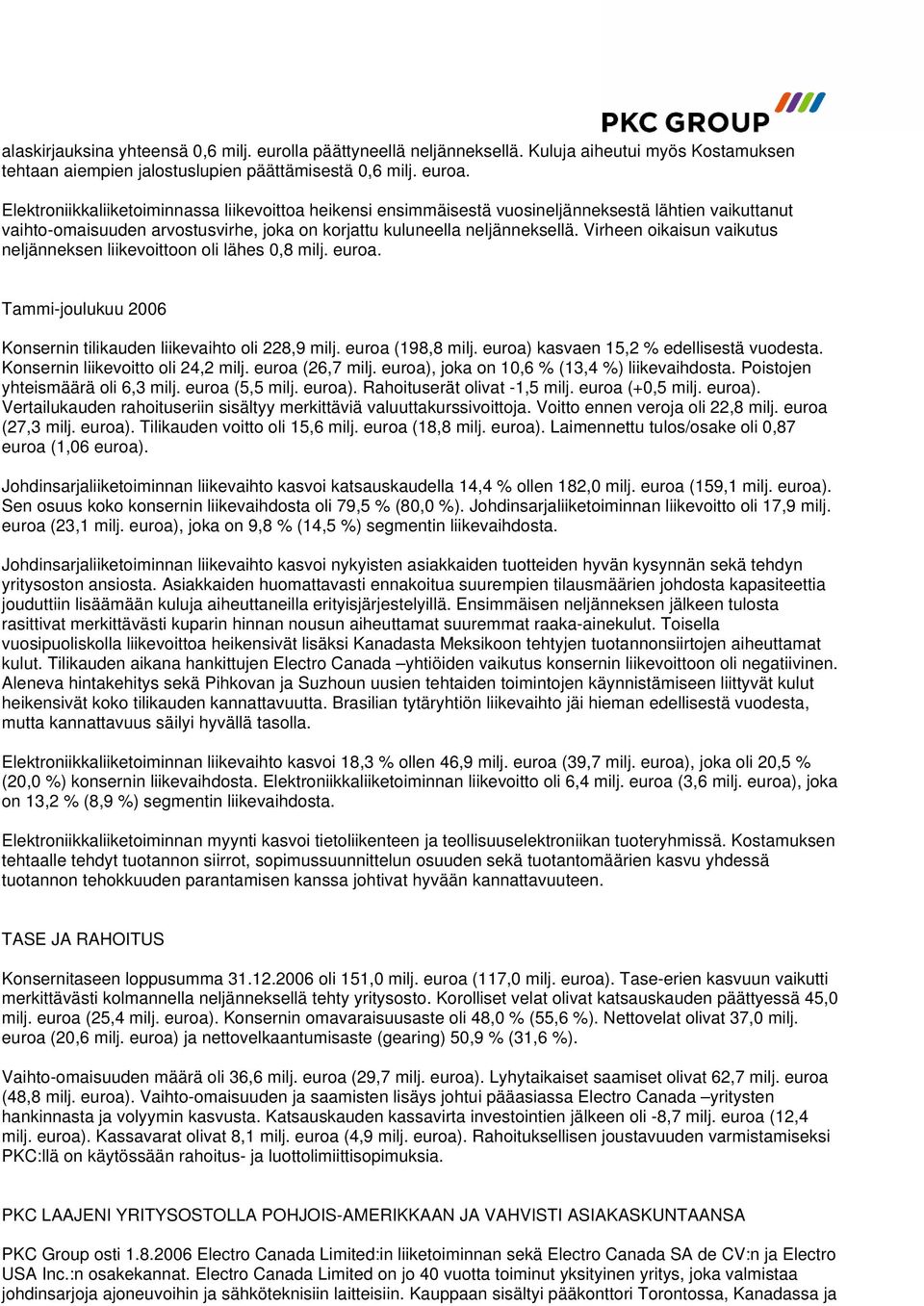 Virheen oikaisun vaikutus neljänneksen liikevoittoon oli lähes 0,8 milj. euroa. Tammi-joulukuu 2006 Konsernin tilikauden liikevaihto oli 228,9 milj. euroa (198,8 milj.