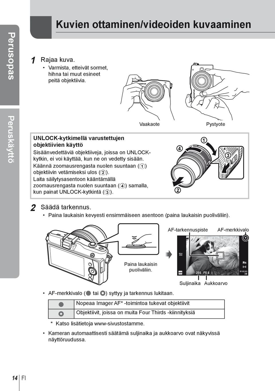 Käännä zoomausrengasta nuolen suuntaan (1) objektiivin vetämiseksi ulos (2). Laita säilytysasentoon kääntämällä zoomausrengasta nuolen suuntaan (4) samalla, kun painat UNLOCK-kytkintä (3).