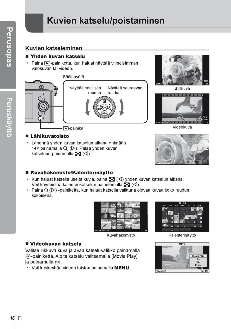 L N 100-0020 2011.05.01 12:30 20 Stillkuva WB P AUTO 100-0004 2011.05.01 12:30 4 Videokuva 2x Kuvahakemisto/Kalenterinäyttö Kun haluat katsella useita kuvia, paina G (H) yhden kuvan katselun aikana.