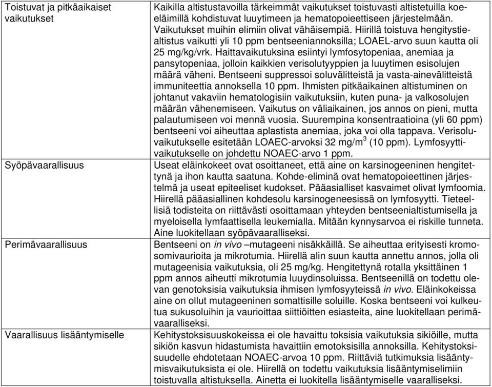 Hiirillä toistuva hengitystiealtistus vaikutti yli 10 ppm bentseeniannoksilla; LOAEL-arvo suun kautta oli 25 mg/kg/vrk.