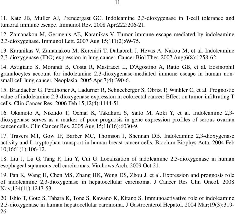 Indoleamine 2,3-dioxygenase (IDO) expression in lung cancer. Cancer Biol Ther. 2007 Aug;6(8):1258-62. 14. Astigiano S, Morandi B, Costa R, Mastracci L, D'Agostino A, Ratto GB, et al.