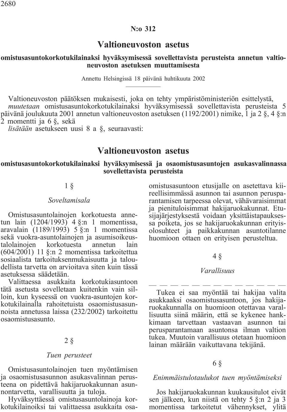 2001 annetun valtioneuvoston asetuksen (1192/2001) nimike, 1 ja 2, 4 :n 2 momentti ja 6, sekä lisätään asetukseen uusi 8 a, seuraavasti: Valtioneuvoston asetus omistusasuntokorkotukilainaksi