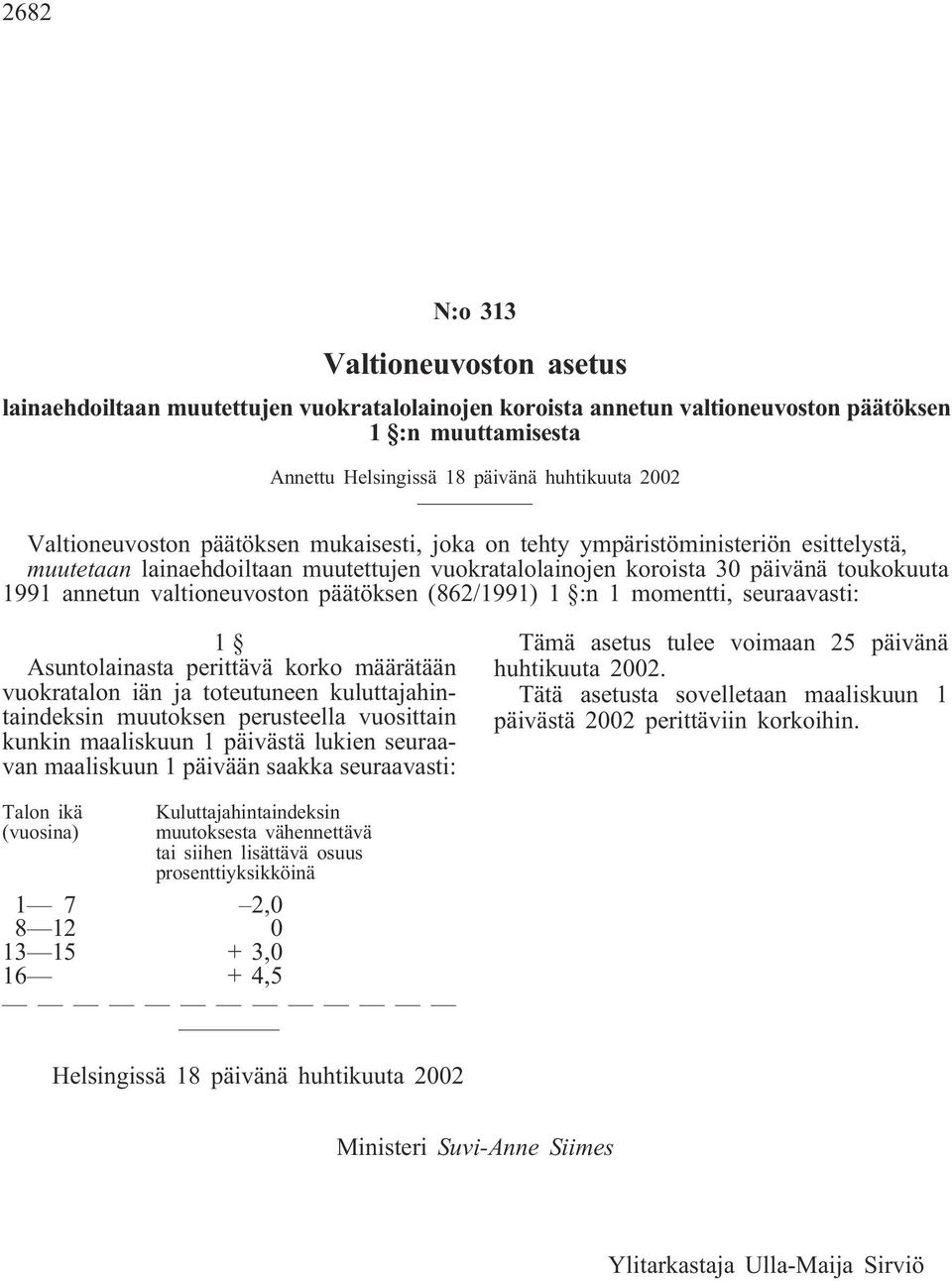 valtioneuvoston päätöksen (862/1991) 1 :n 1 momentti, seuraavasti: 1 Asuntolainasta perittävä korko määrätään vuokratalon iän ja toteutuneen kuluttajahintaindeksin muutoksen perusteella vuosittain