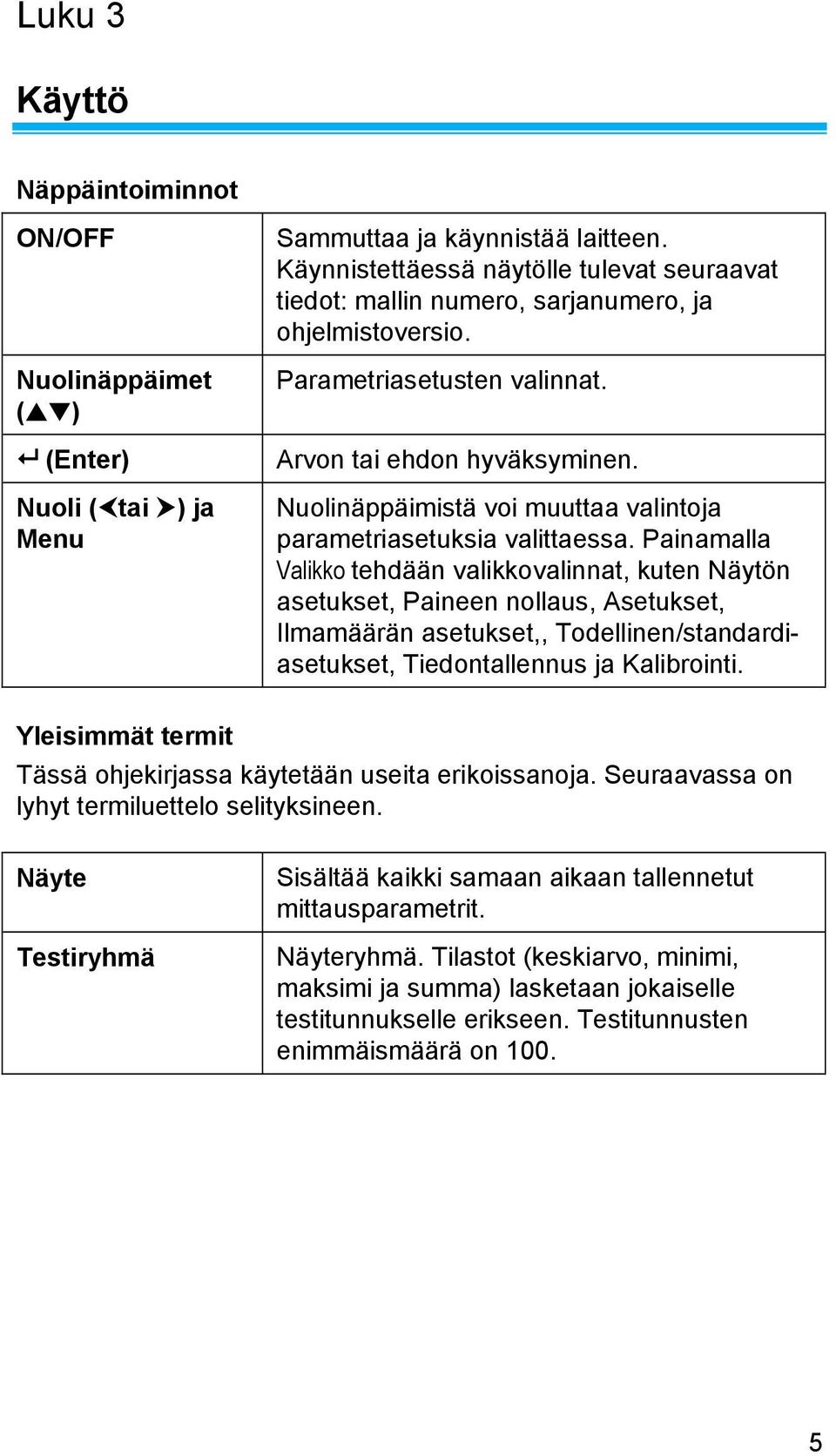 Nuolinäppäimistä voi muuttaa valintoja parametriasetuksia valittaessa.