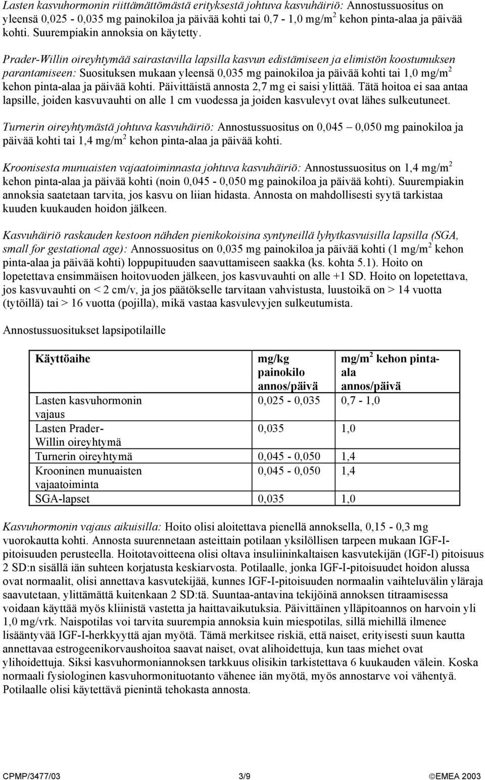 Prader-Willin oireyhtymää sairastavilla lapsilla kasvun edistämiseen ja elimistön koostumuksen parantamiseen: Suosituksen mukaan yleensä 0,035 mg painokiloa ja päivää kohti tai 1,0 mg/m 2 kehon