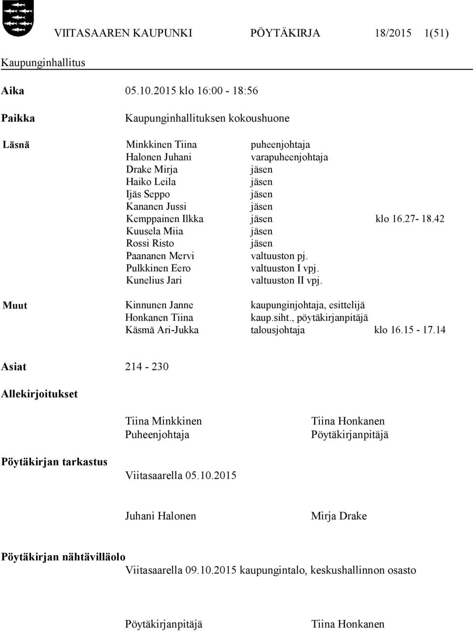 jäsen Kemppainen Ilkka jäsen klo 16.27-18.42 Kuusela Miia jäsen Rossi Risto jäsen Paananen Mervi valtuuston pj. Pulkkinen Eero valtuuston I vpj. Kunelius Jari valtuuston II vpj.