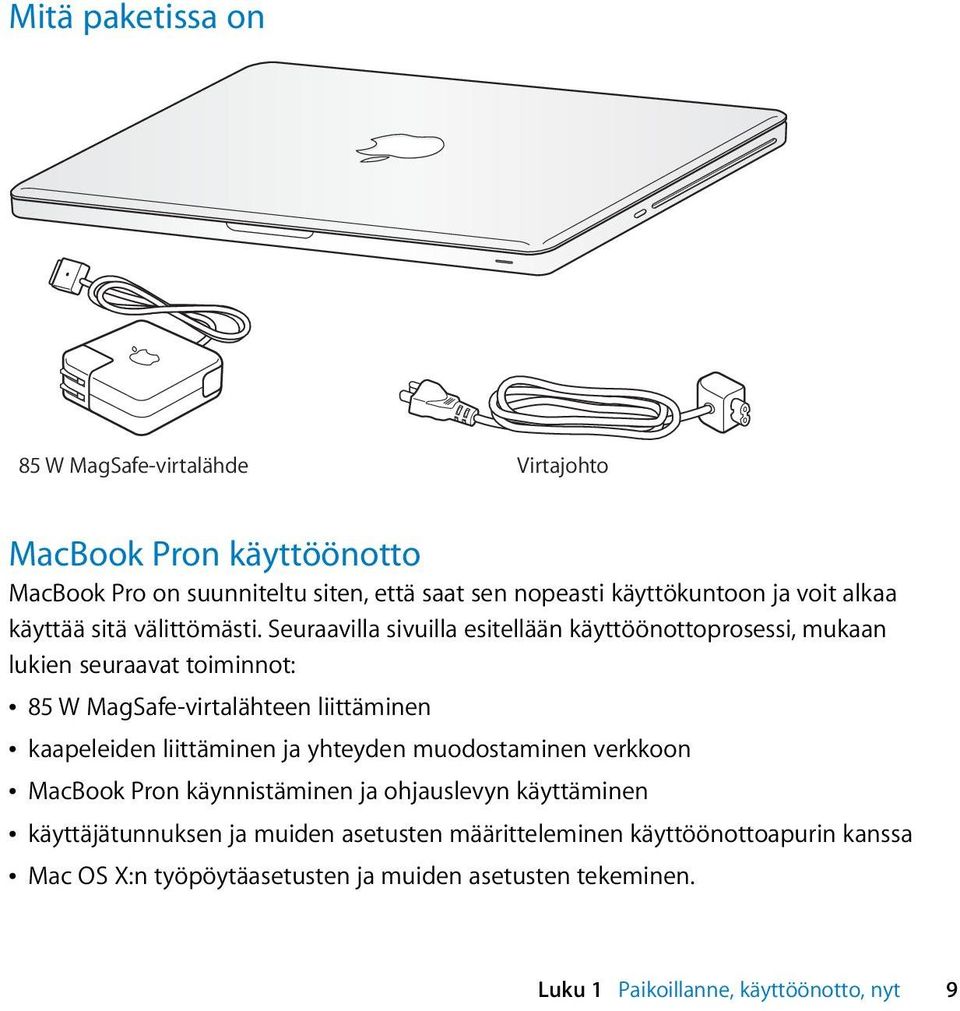 Seuraavilla sivuilla esitellään käyttöönottoprosessi, mukaan lukien seuraavat toiminnot: Â 85 W MagSafe-virtalähteen liittäminen Â kaapeleiden liittäminen