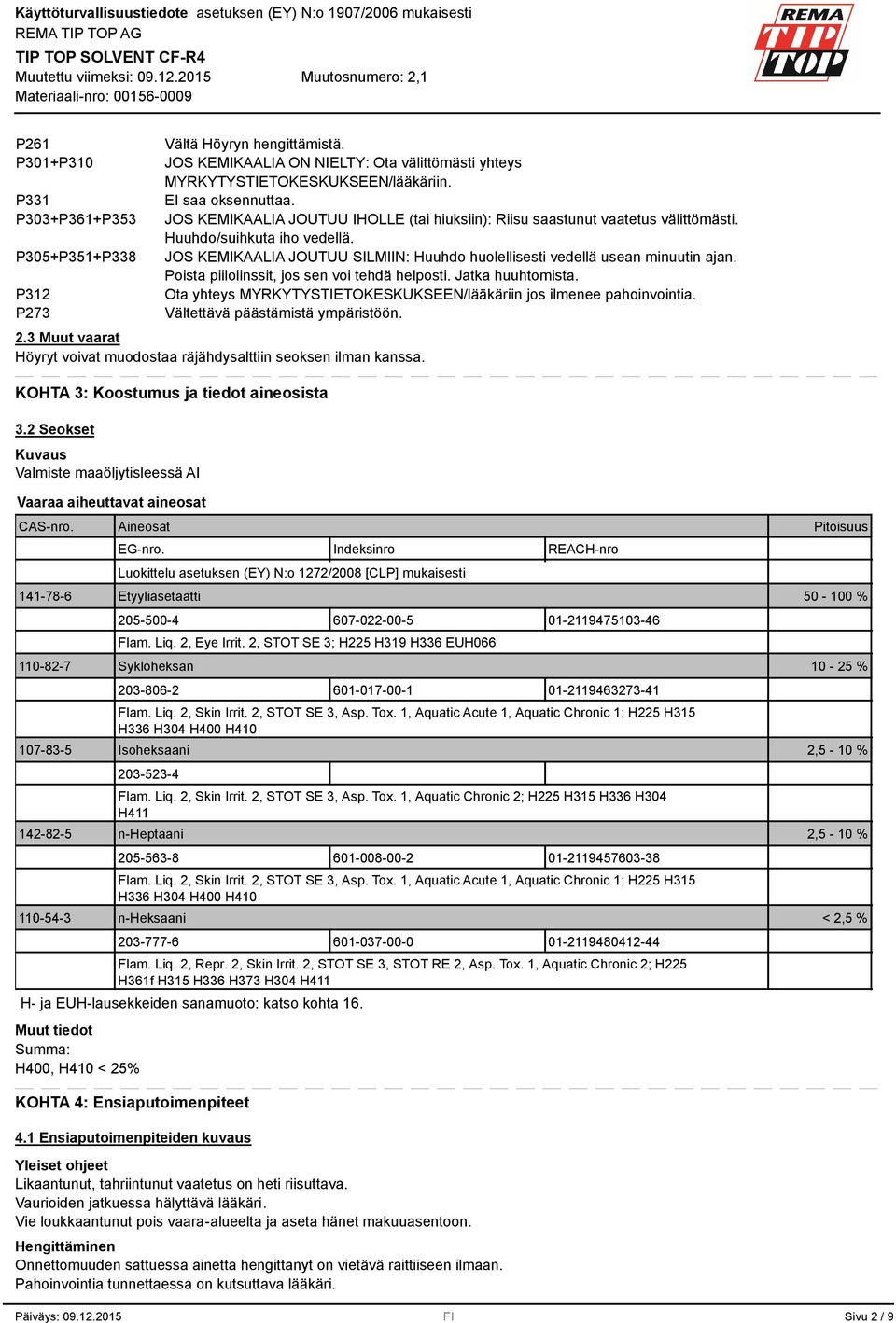 Poista piilolinssit, jos sen voi tehdä helposti. Jatka huuhtomista. Ota yhteys MYRKYTYSTIETOKESKUKSEEN/lääkäriin jos ilmenee pahoinvointia. Vältettävä päästämistä ympäristöön. 2.