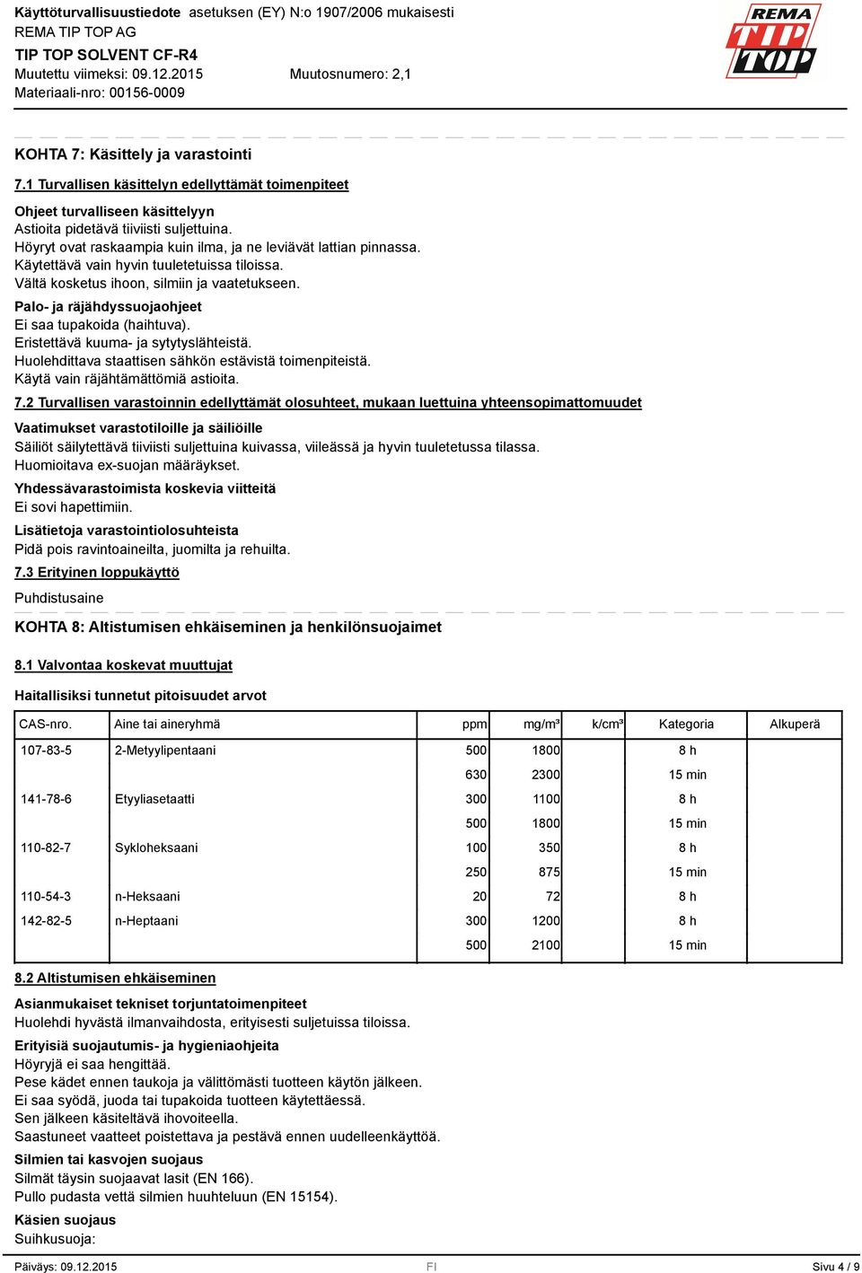 Palo- ja räjähdyssuojaohjeet Ei saa tupakoida (haihtuva). Eristettävä kuuma- ja sytytyslähteistä. Huolehdittava staattisen sähkön estävistä toimenpiteistä. Käytä vain räjähtämättömiä astioita. 7.