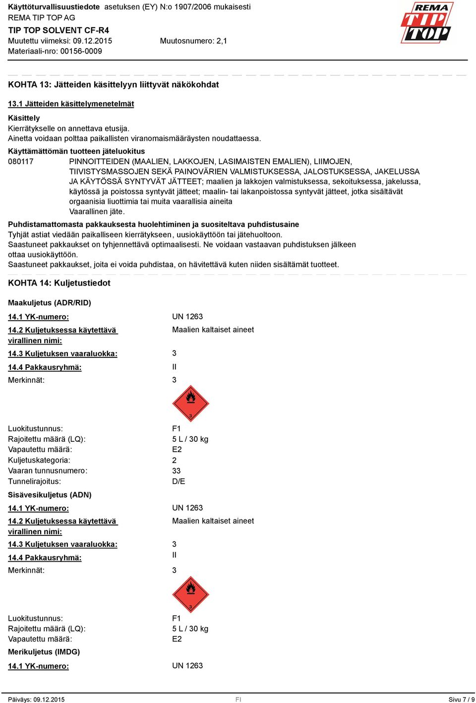 Käyttämättömän tuotteen jäteluokitus 080117 PINNOITTEIDEN (MAALIEN, LAKKOJEN, LASIMAISTEN EMALIEN), LIIMOJEN, TIIVISTYSMASSOJEN SEKÄ PAINOVÄRIEN VALMISTUKSESSA, JALOSTUKSESSA, JAKELUSSA JA KÄYTÖSSÄ