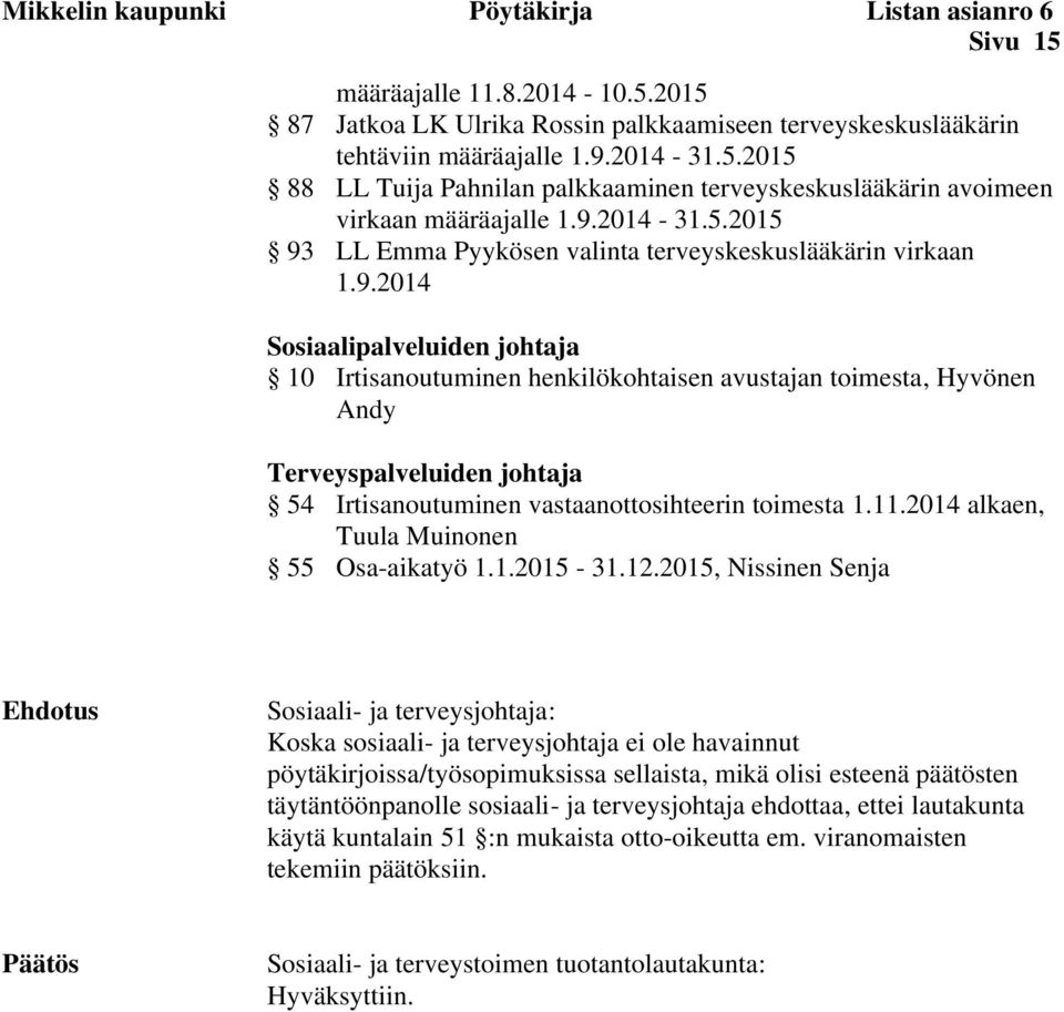 11.2014 alkaen, Tuula Muinonen 55 Osa-aikatyö 1.1.2015-31.12.