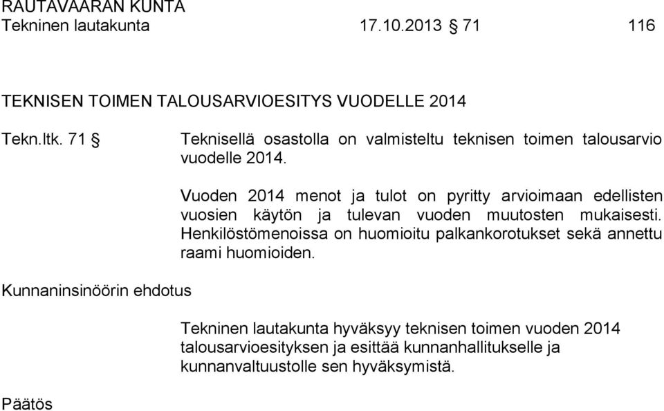 Vuoden 2014 menot ja tulot on pyritty arvioimaan edellisten vuosien käytön ja tulevan vuoden muutosten mukaisesti.