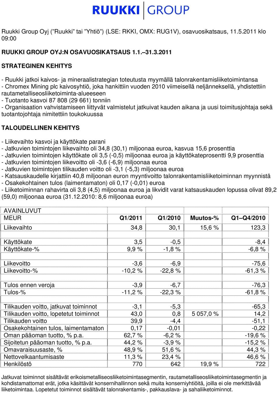 viimeisellä neljänneksellä, yhdistettiin rautametalliseosliiketoiminta-alueeseen - Tuotanto kasvoi 87 808 (29 661) tonniin - Organisaation vahvistamiseen liittyvät valmistelut jatkuivat kauden aikana