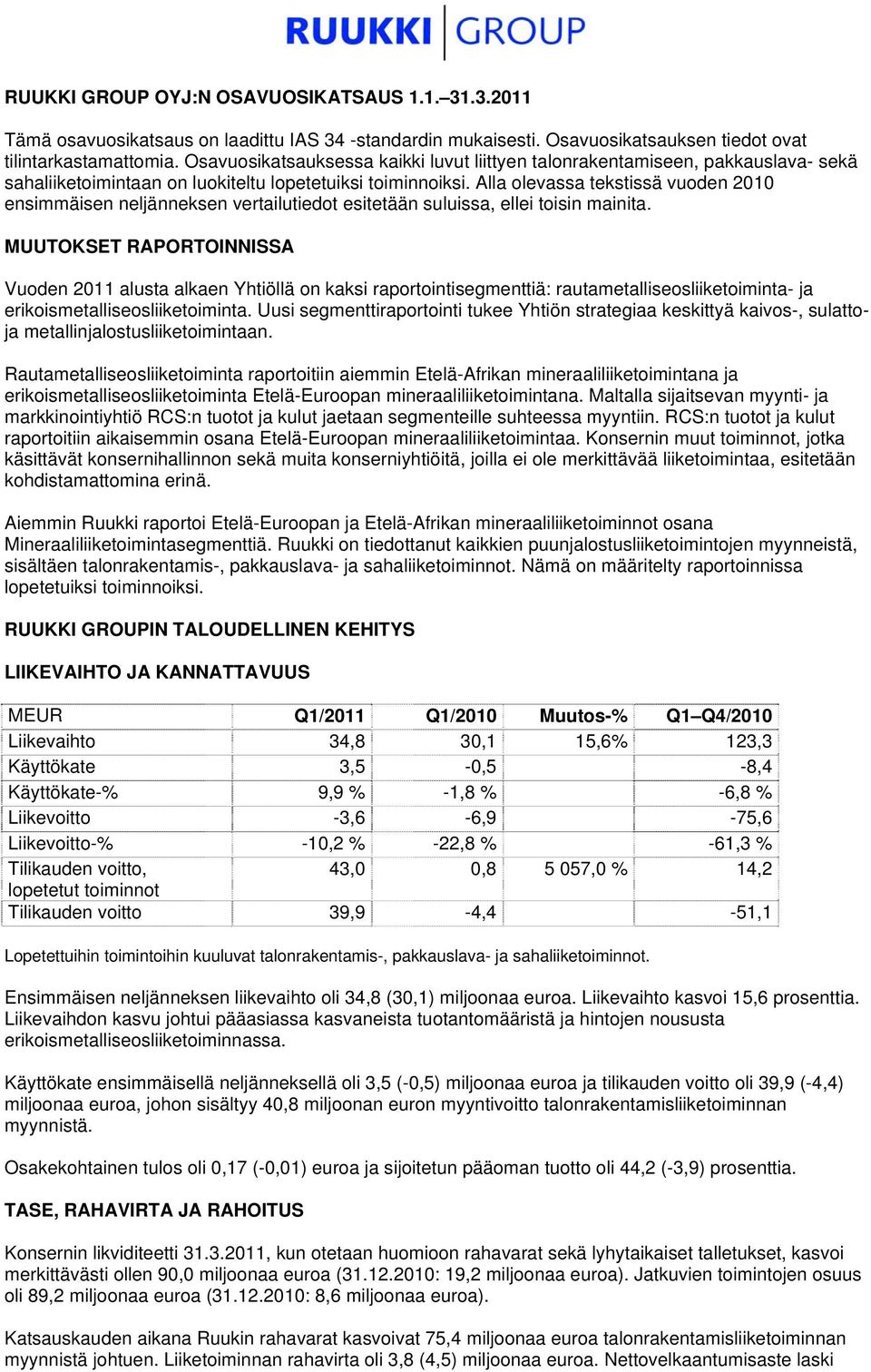 Alla olevassa tekstissä vuoden 2010 ensimmäisen neljänneksen vertailutiedot esitetään suluissa, ellei toisin mainita.