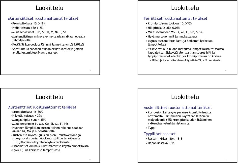 erikoiskarbideja joiden avulla kulumiskestävyys paranee. Luokittelu Ferriittiset ruostumattomat teräkset Kromipitoisuus luokkaa 10.5-30% Hiilipitoisuus alle 0.