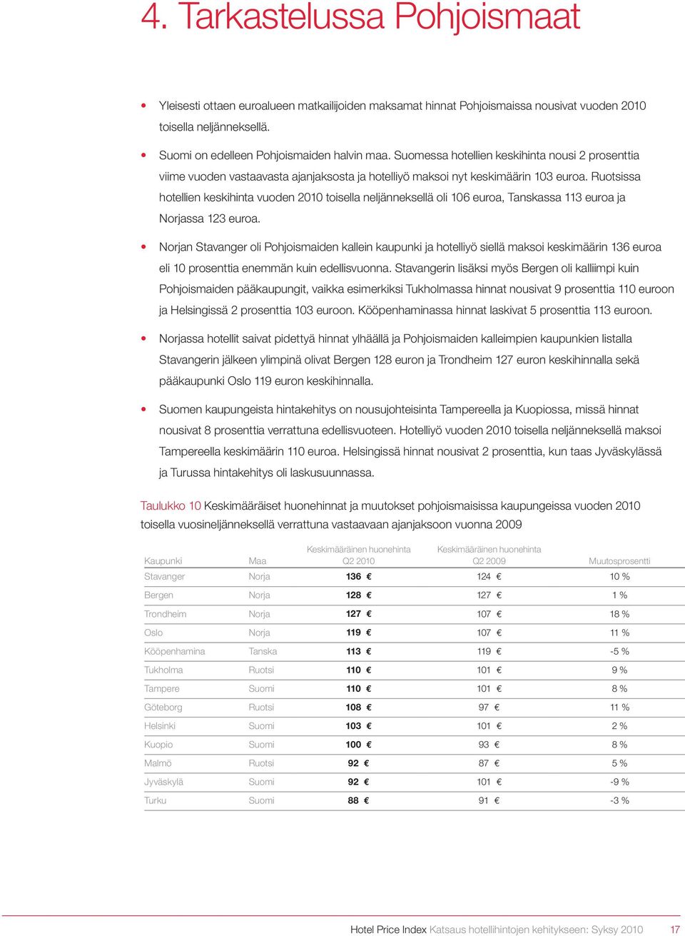 Ruotsissa hotellien keskihinta vuoden 2010 toisella neljänneksellä oli 106 euroa, Tanskassa 113 euroa ja Norjassa 123 euroa.