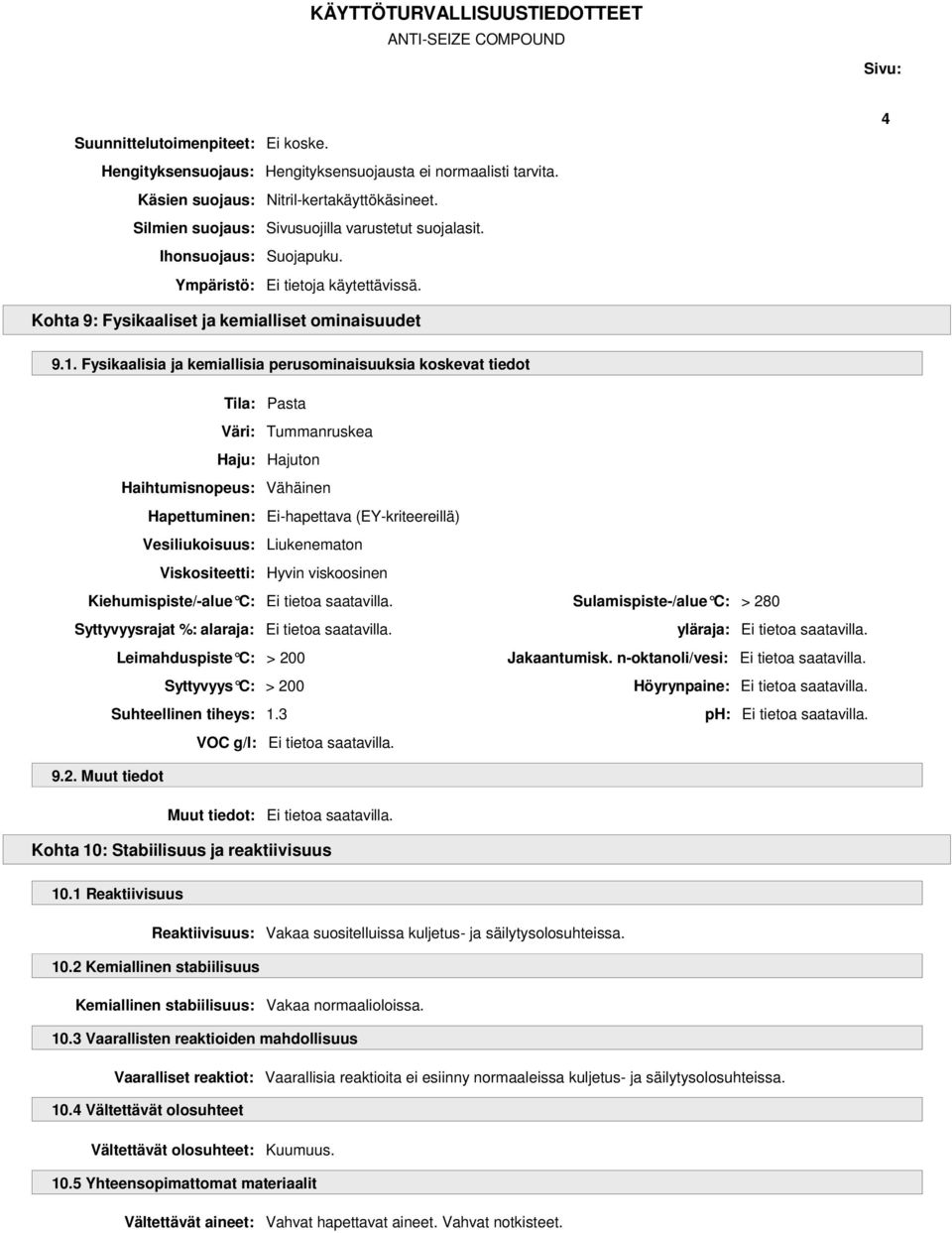Fysikaalisia ja kemiallisia perusominaisuuksia koskevat tiedot Tila: Pasta Väri: Tummanruskea Haju: Hajuton Haihtumisnopeus: Vähäinen Hapettuminen: Ei-hapettava (EY-kriteereillä) Vesiliukoisuus: