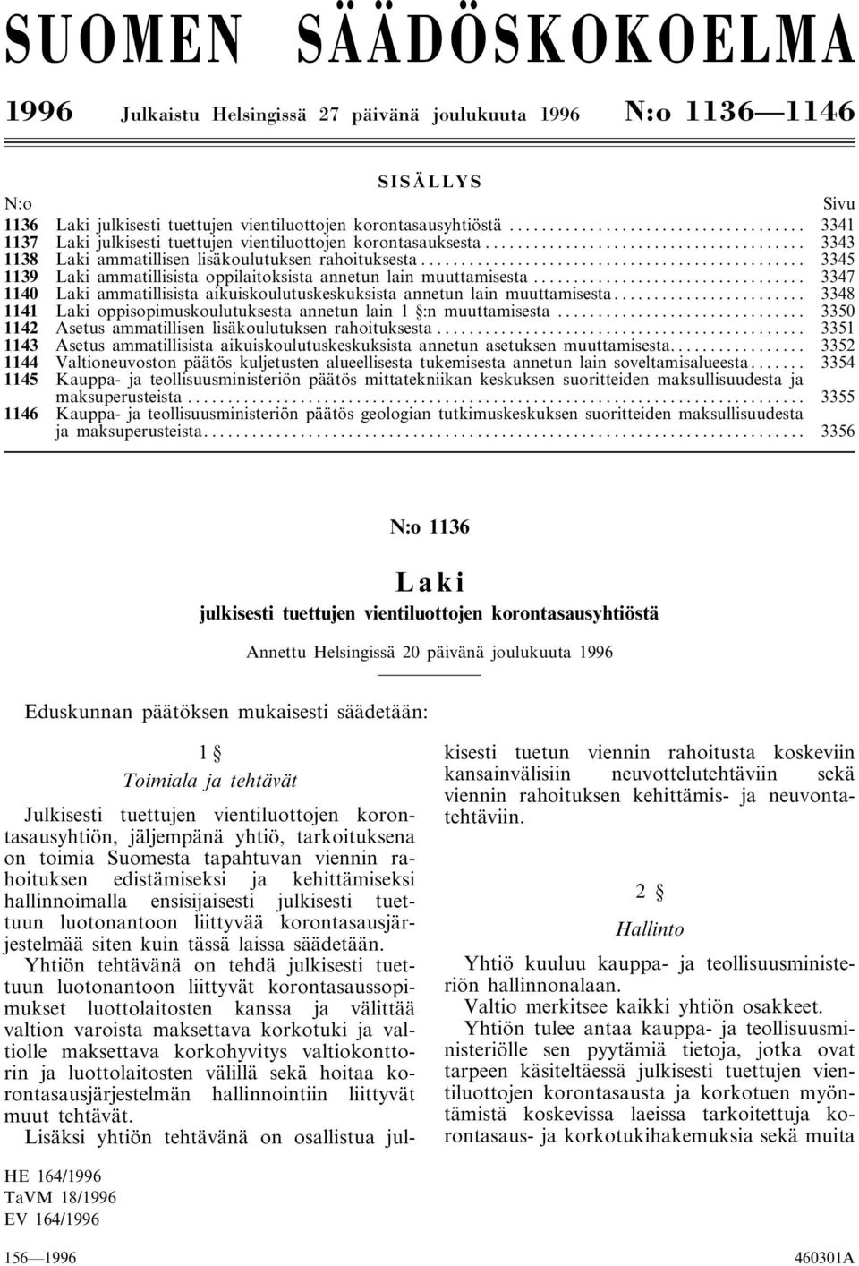 .. 3345 1139 Laki ammatillisista oppilaitoksista annetun lain muuttamisesta... 3347 1140 Laki ammatillisista aikuiskoulutuskeskuksista annetun lain muuttamisesta.