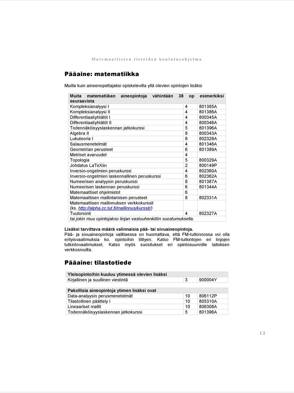 Salausmenetelmät 4 801346A Geometrian perusteet 6 801389A Metriset avaruudet 4 Topologia 5 800329A Johdatus LaTeXiin 2 800149P Inversio-ongelmien peruskurssi 4 802360A Inversio-ongelmien