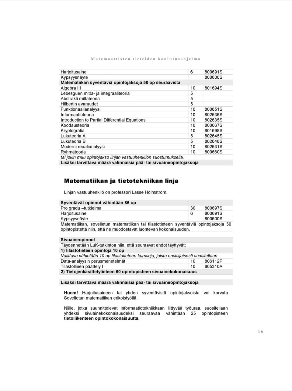 802645S Lukuteoria B 5 802646S Moderni reaalianalyysi 10 802631S Ryhmäteoria 10 800660S tai jokin muu opintojakso linjan vastuuhenkilön suostumuksella.