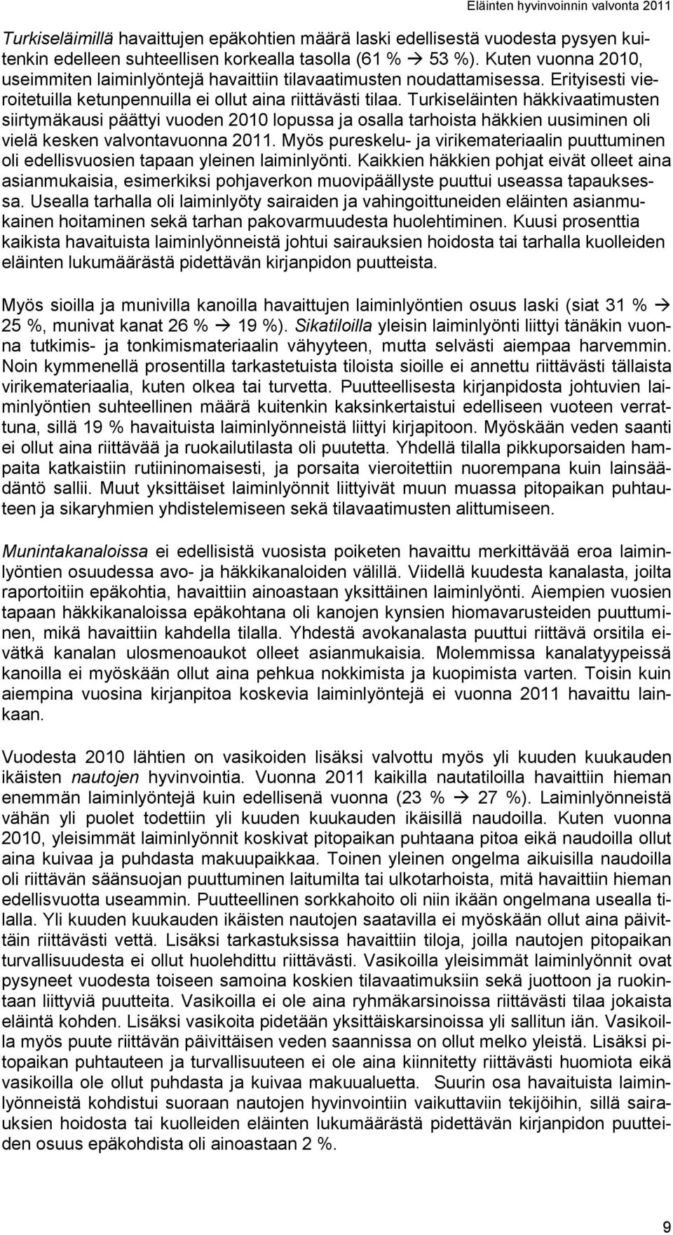 Turkiseläinten häkkivaatimusten siirtymäkausi päättyi vuoden 2010 lopussa ja osalla tarhoista häkkien uusiminen oli vielä kesken valvontavuonna 2011.