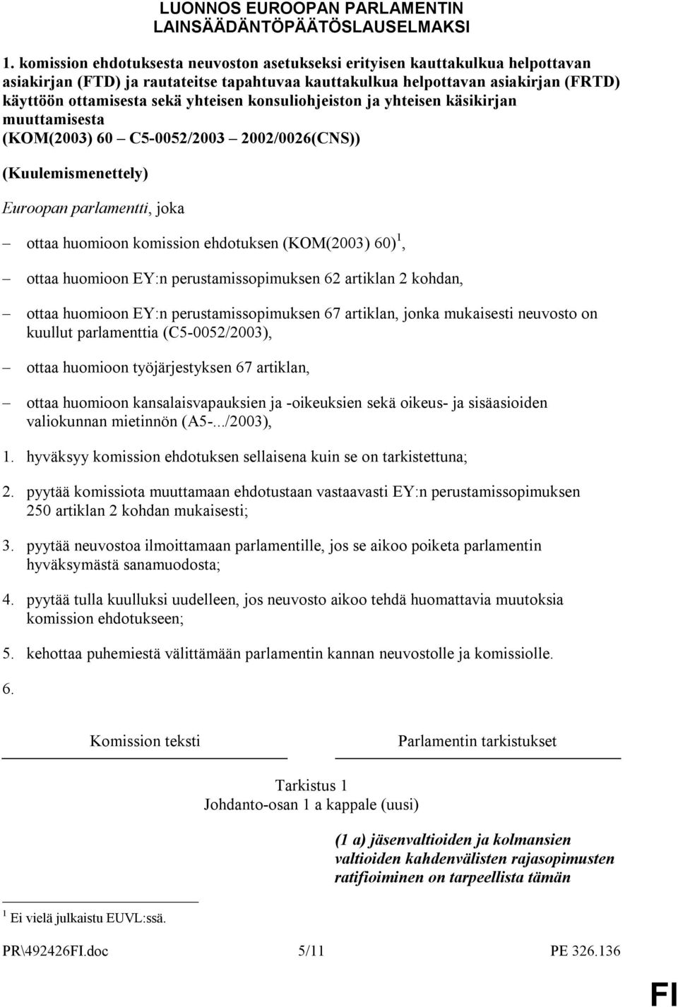 yhteisen konsuliohjeiston ja yhteisen käsikirjan muuttamisesta (KOM(2003) 60 C5-0052/2003 2002/0026(CNS)) (Kuulemismenettely) Euroopan parlamentti, joka ottaa huomioon komission ehdotuksen (KOM(2003)