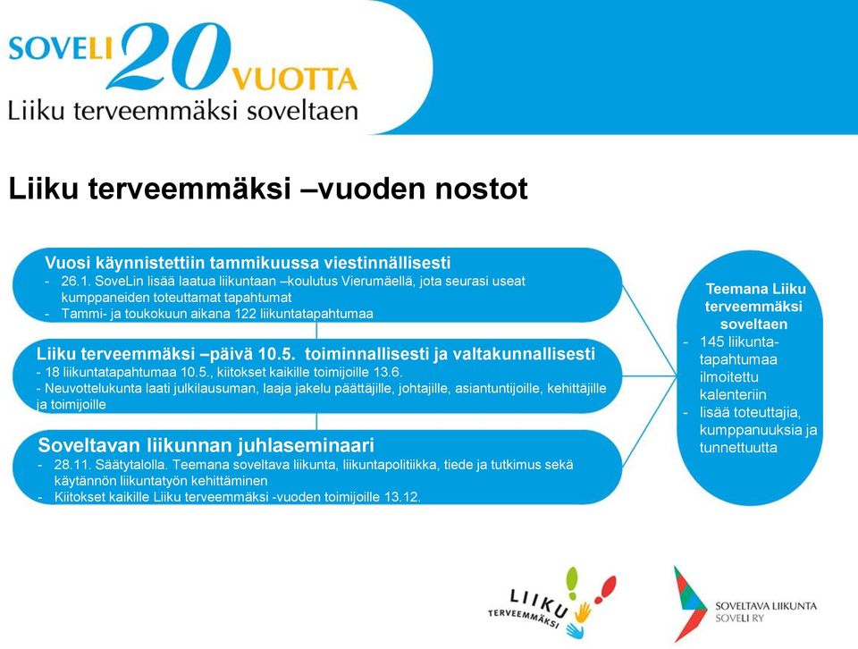 toiminnallisesti ja valtakunnallisesti - 18 liikuntatapahtumaa 10.5., kiitokset kaikille toimijoille 13.6.