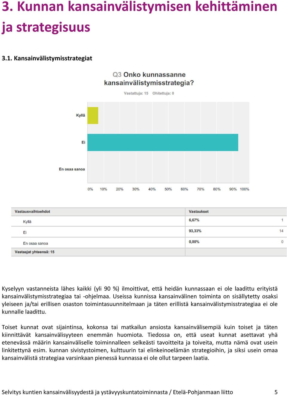 Useissa kunnissa kansainvälinen toiminta on sisällytetty osaksi yleiseen ja/tai erillisen osaston toimintasuunnitelmaan ja täten erillistä kansainvälistymisstrategiaa ei ole kunnalle laadittu.