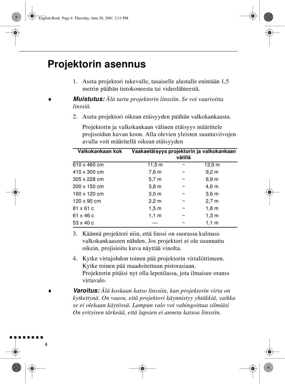 Projektorin ja valkokankaan välinen etäisyys määrittele projisoidun kuvan koon.