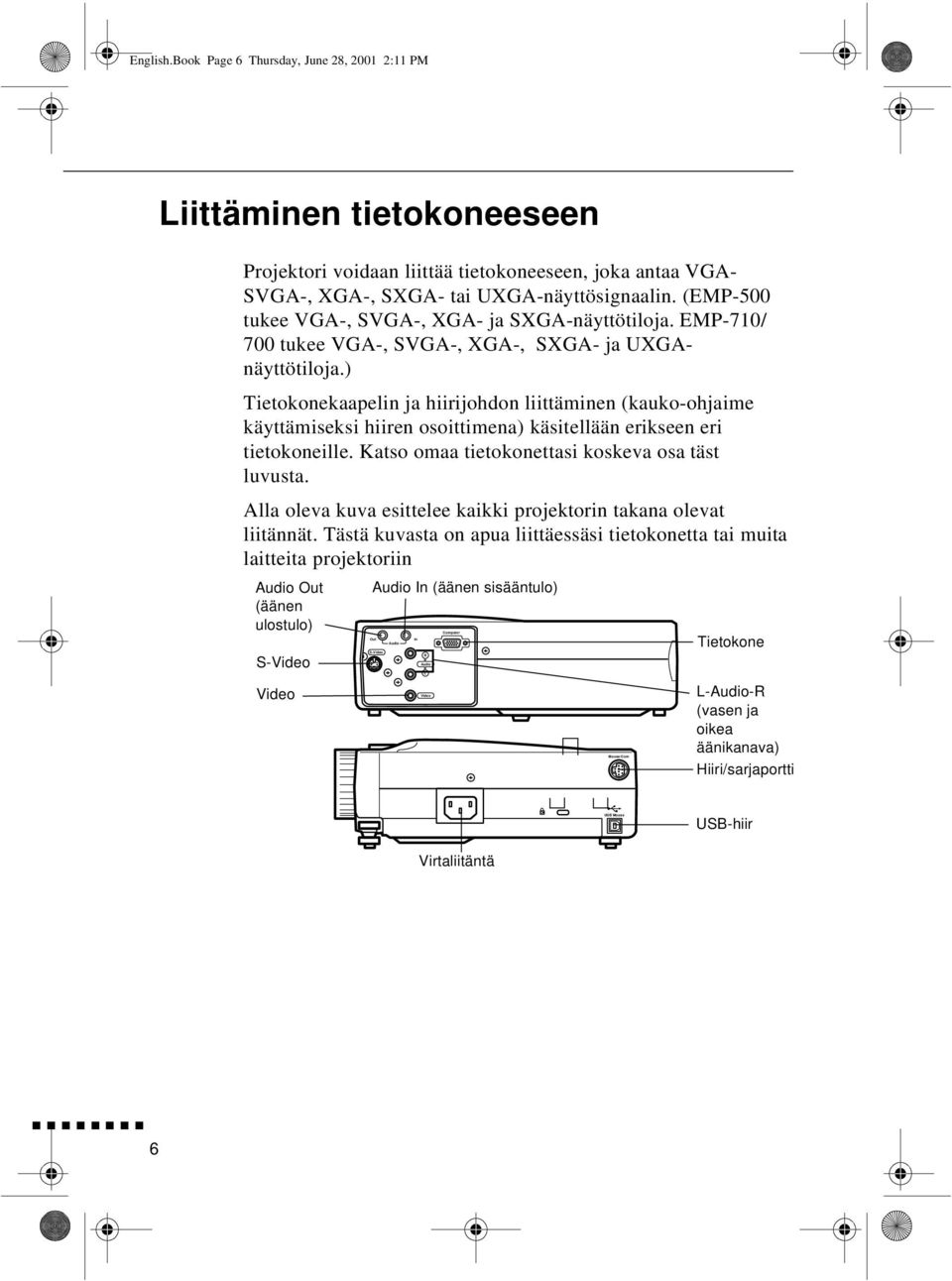 ) Tietokonekaapelin ja hiirijohdon liittäminen (kauko-ohjaime käyttämiseksi hiiren osoittimena) käsitellään erikseen eri tietokoneille. Katso omaa tietokonettasi koskeva osa täst luvusta.