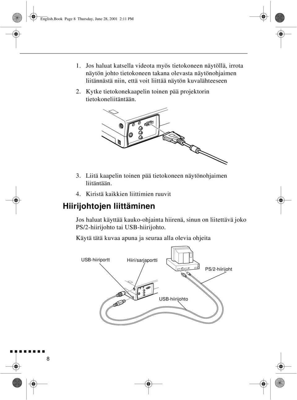 kuvalähteeseen 2. Kytke tietokonekaapelin toinen pää projektorin tietokoneliitäntään. 3. Liitä kaapelin toinen pää tietokoneen näytönohjaimen liitäntään. 4.