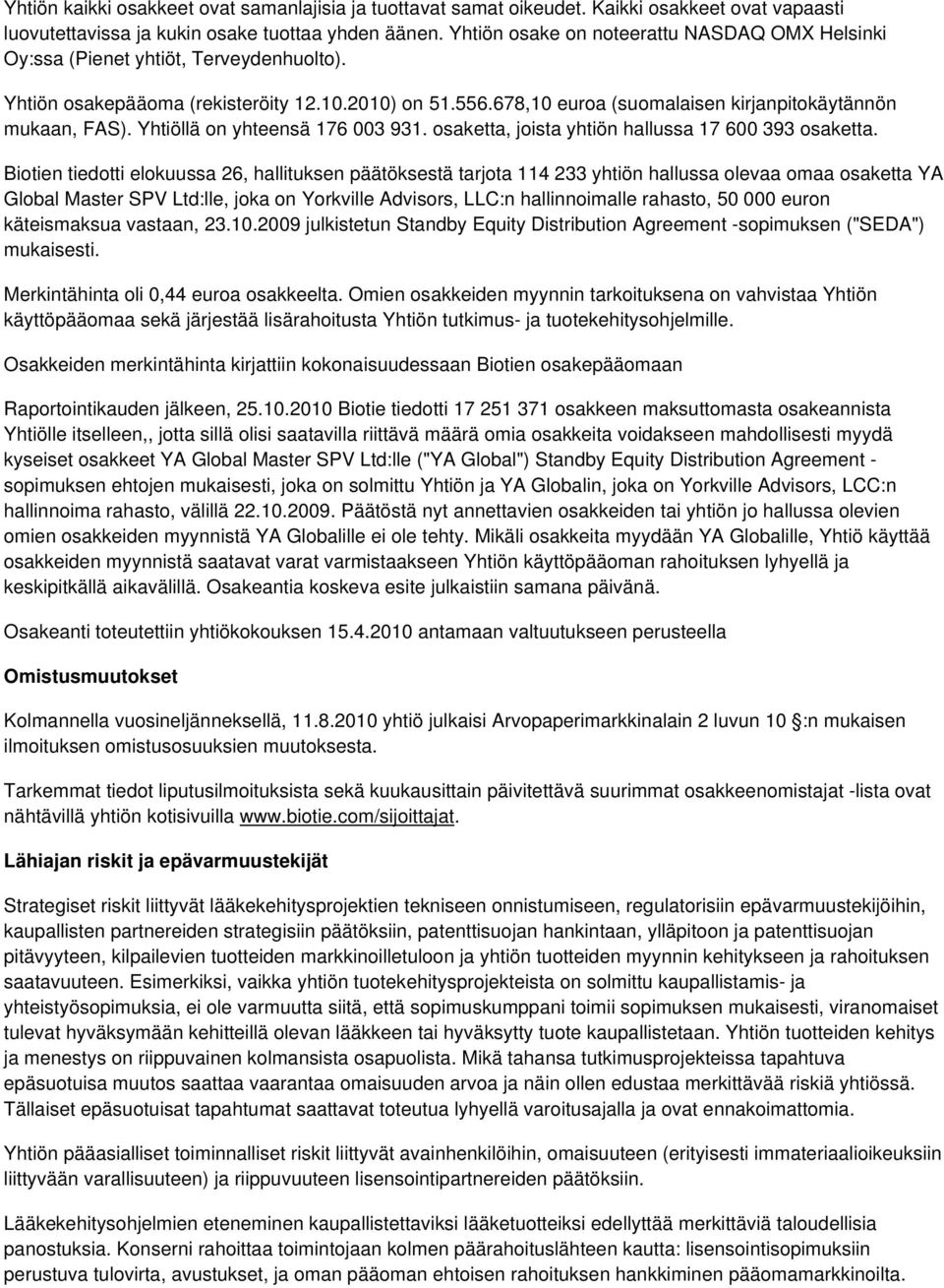 678,10 euroa (suomalaisen kirjanpitokäytännön mukaan, FAS). Yhtiöllä on yhteensä 176 003 931. osaketta, joista yhtiön hallussa 17 600 393 osaketta.