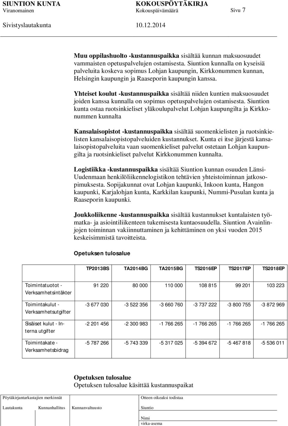 Yhteiset koulut -kustannuspaikka sisältää niiden kuntien maksuosuudet joiden kanssa kunnalla on sopimus opetuspalvelujen ostamisesta.