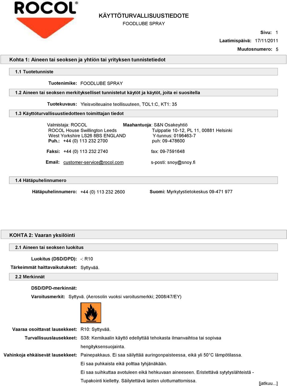 3 Käyttöturvallisuustiedotteen toimittajan tiedot Valmistaja: ROCOL Maahantuoja: S&N Osakeyhtiö ROCOL House Swillington Leeds Tulppatie 10-12, PL 11, 00881 Helsinki West Yorkshire LS26 8BS ENGLAND