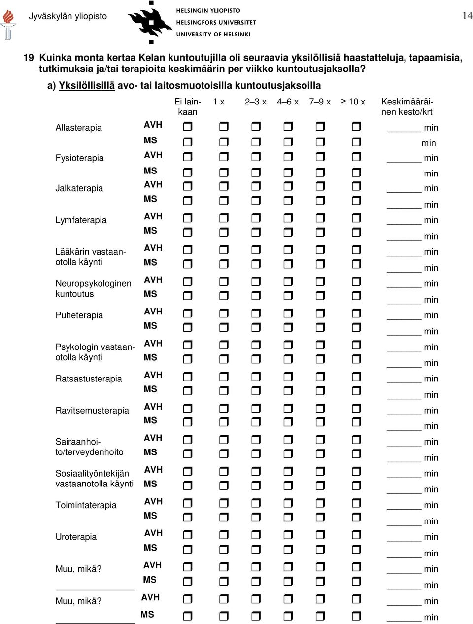 a) Yksilöllisillä avo- tai laitosmuotoisilla kuntoutusjaksoilla Allasterapia Fysioterapia Jalkaterapia Ei lainkaan 1 x 2 3 x 4 6 x 7 9 x 10 x Keskimääräinen kesto/krt min min min min min