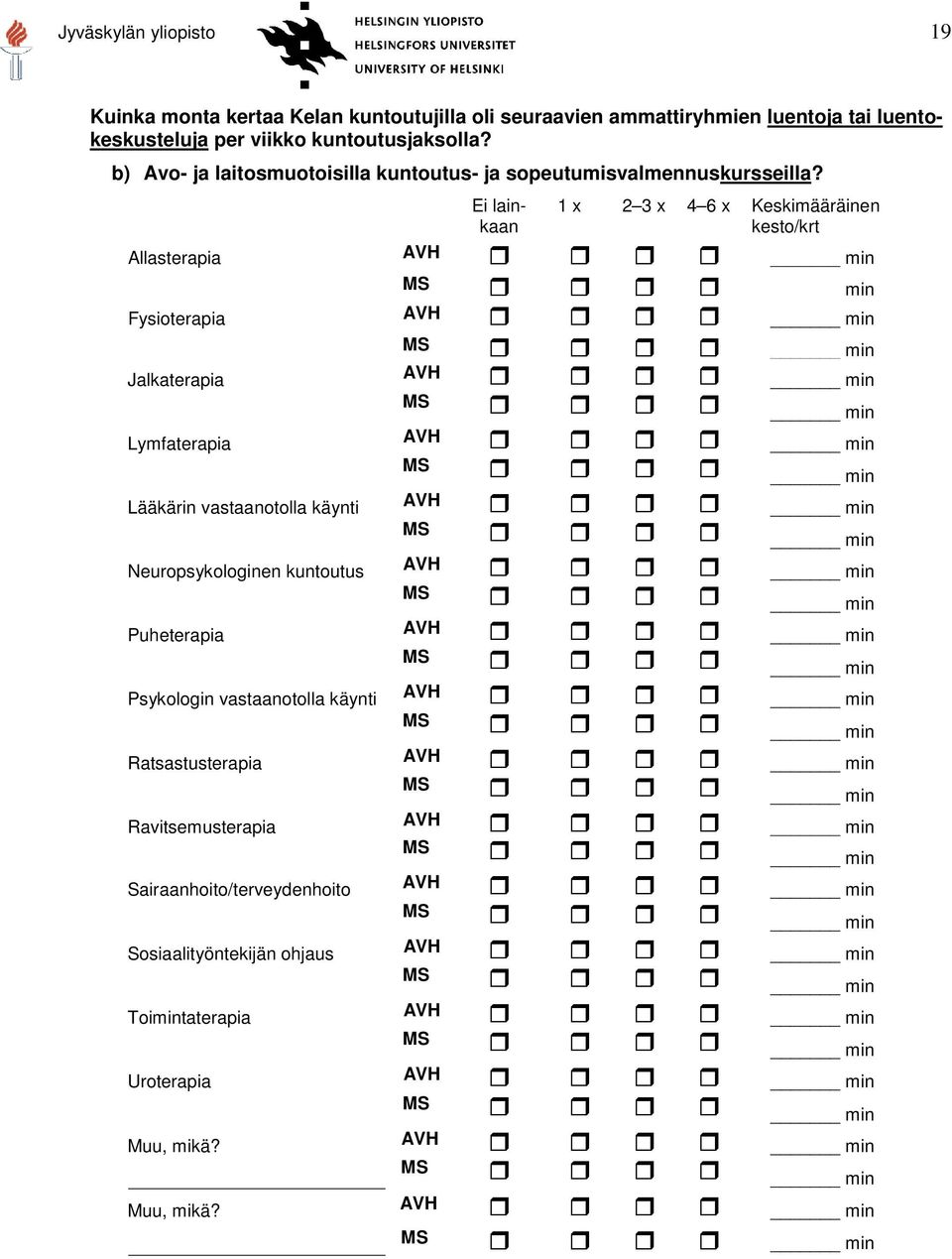 Allasterapia Fysioterapia Jalkaterapia Ei lainkaan 1 x 2 3 x 4 6 x Keskimääräinen kesto/krt AVH min MS min AVH min MS min AVH min MS min Lymfaterapia Lääkärin vastaanotolla käynti Neuropsykologinen