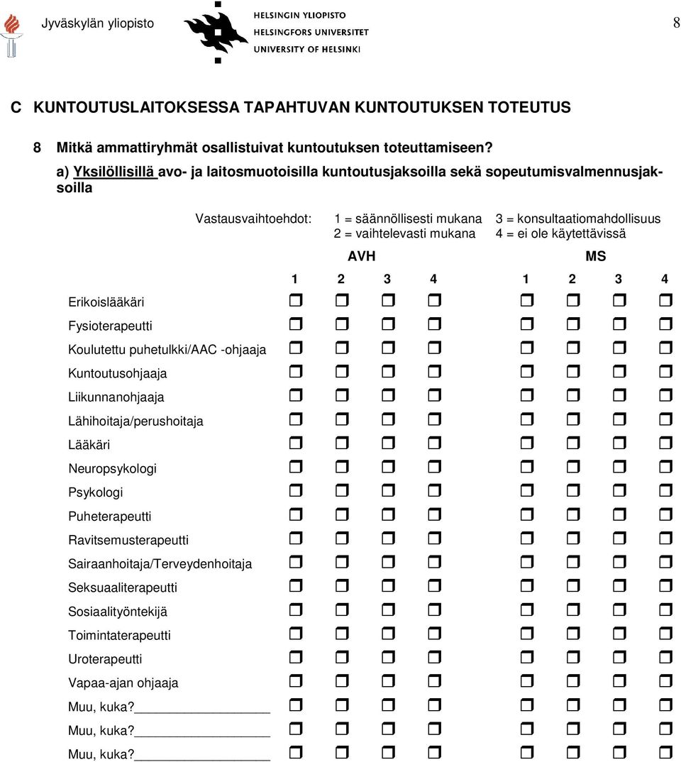 vaihtelevasti mukana 4 = ei ole käytettävissä AVH 1 2 3 4 1 2 3 4 Erikoislääkäri Fysioterapeutti Koulutettu puhetulkki/aac -ohjaaja Kuntoutusohjaaja Liikunnanohjaaja