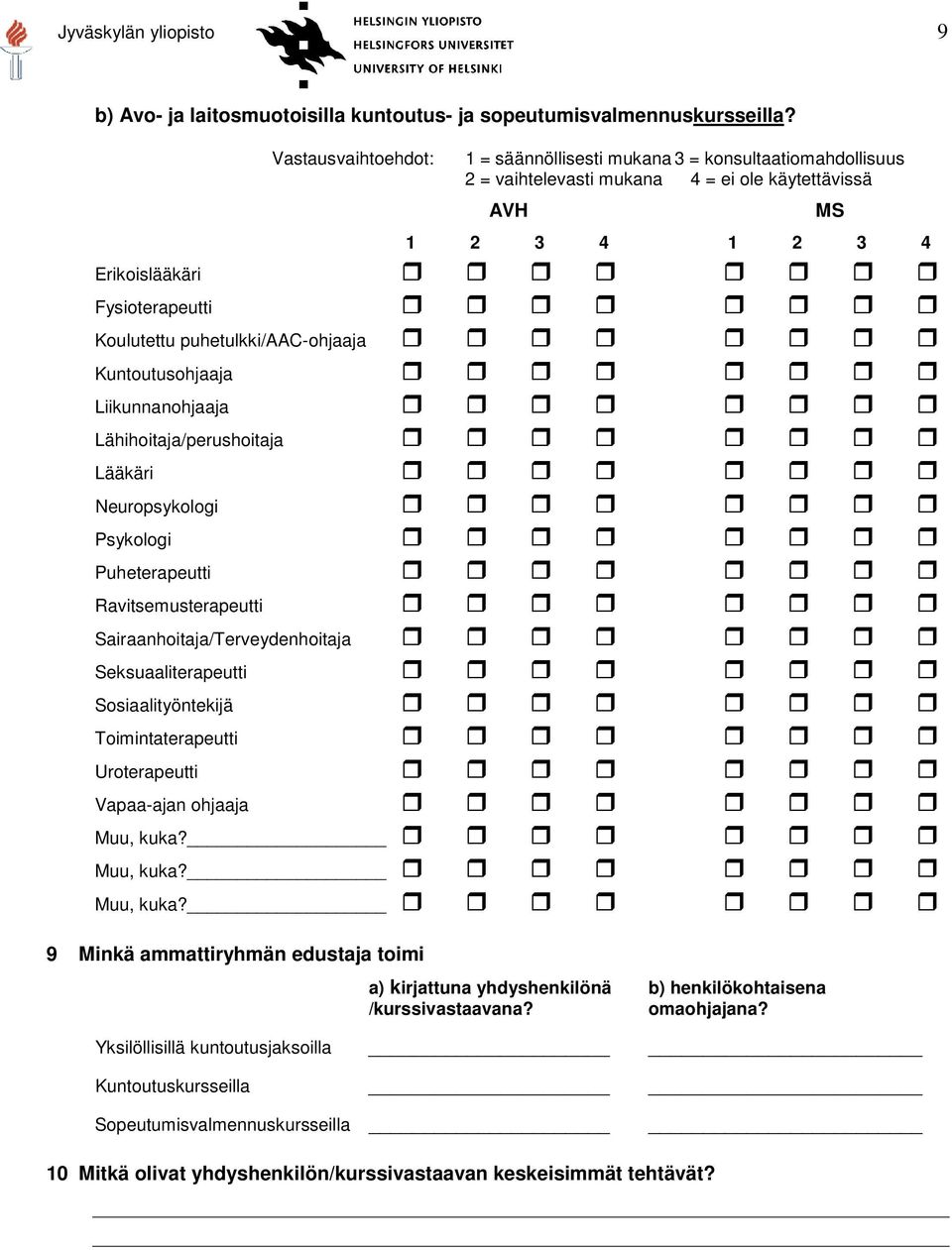 puhetulkki/aac-ohjaaja Kuntoutusohjaaja Liikunnanohjaaja Lähihoitaja/perushoitaja Lääkäri Neuropsykologi Psykologi Puheterapeutti Ravitsemusterapeutti Sairaanhoitaja/Terveydenhoitaja