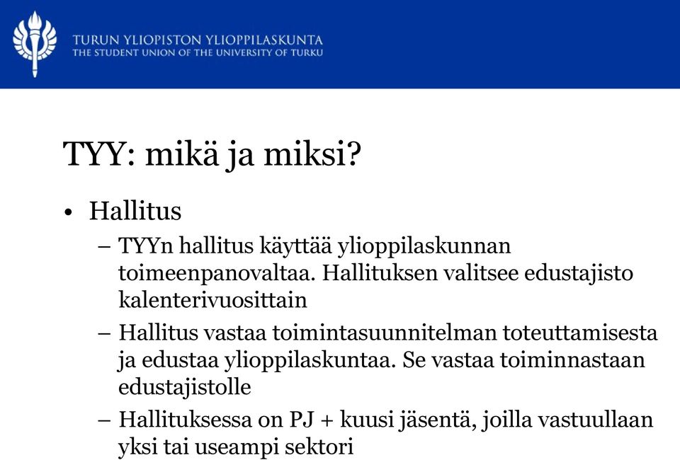 toimintasuunnitelman toteuttamisesta ja edustaa ylioppilaskuntaa.
