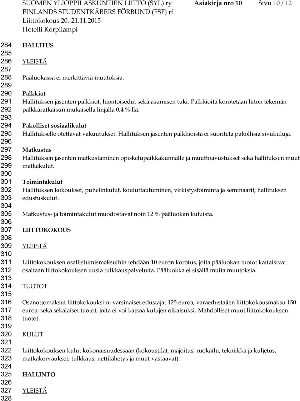 Palkkioita korotetaan liiton tekemän palkkaratkaisun mukaisella linjalla 0,4 %:lla. Pakolliset sosiaalikulut Hallitukselle otettavat vakuutukset.