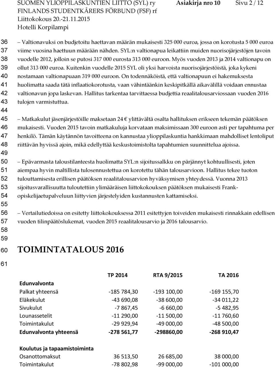 SYL:n valtionapua leikattiin muiden nuorisojärjestöjen tavoin vuodelle 2012, jolloin se putosi 317 000 eurosta 313 000 euroon. Myös vuoden 2013 ja 2014 valtionapu on ollut 313 000 euroa.