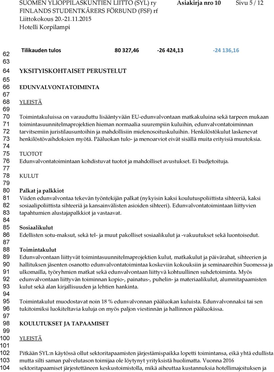 toimintasuunnitelmaprojektien hieman normaalia suurempiin kuluihin, edunvalvontatoiminnan tarvitsemiin juristilausuntoihin ja mahdollisiin mielenosoituskuluihin.