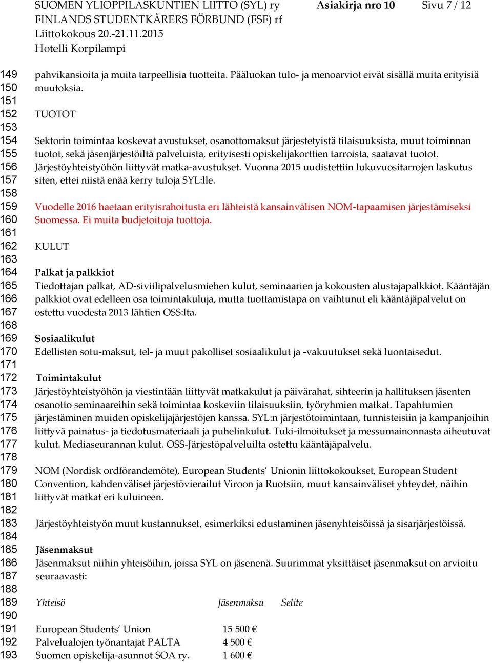 Sektorin toimintaa koskevat avustukset, osanottomaksut järjestetyistä tilaisuuksista, muut toiminnan tuotot, sekä jäsenjärjestöiltä palveluista, erityisesti opiskelijakorttien tarroista, saatavat