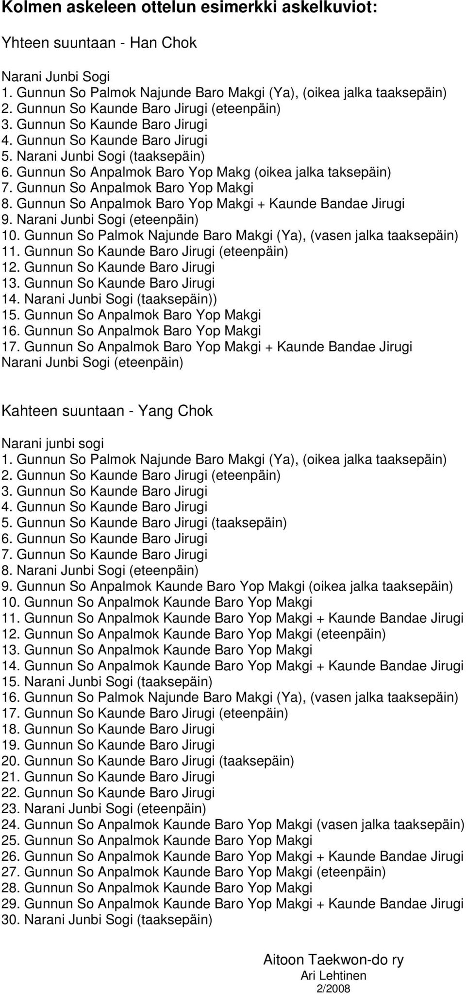 Gunnun So Anpalmok Baro Yop Makg (oikea jalka taksepäin) 7. Gunnun So Anpalmok Baro Yop Makgi 8. Gunnun So Anpalmok Baro Yop Makgi + Kaunde Bandae Jirugi 9. Narani Junbi Sogi (eteenpäin) 10.