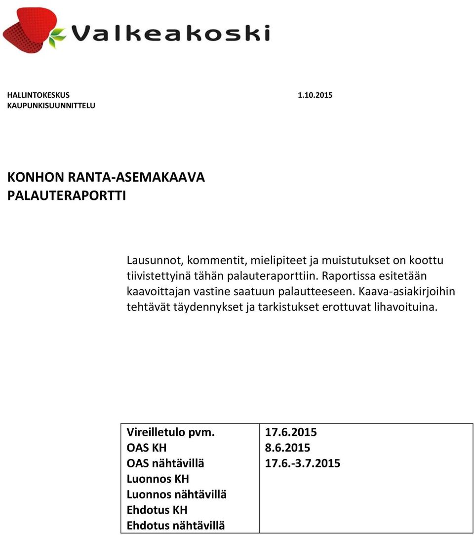 on koottu tiivistettyinä tähän palauteraporttiin. Raportissa esitetään kaavoittajan vastine saatuun palautteeseen.